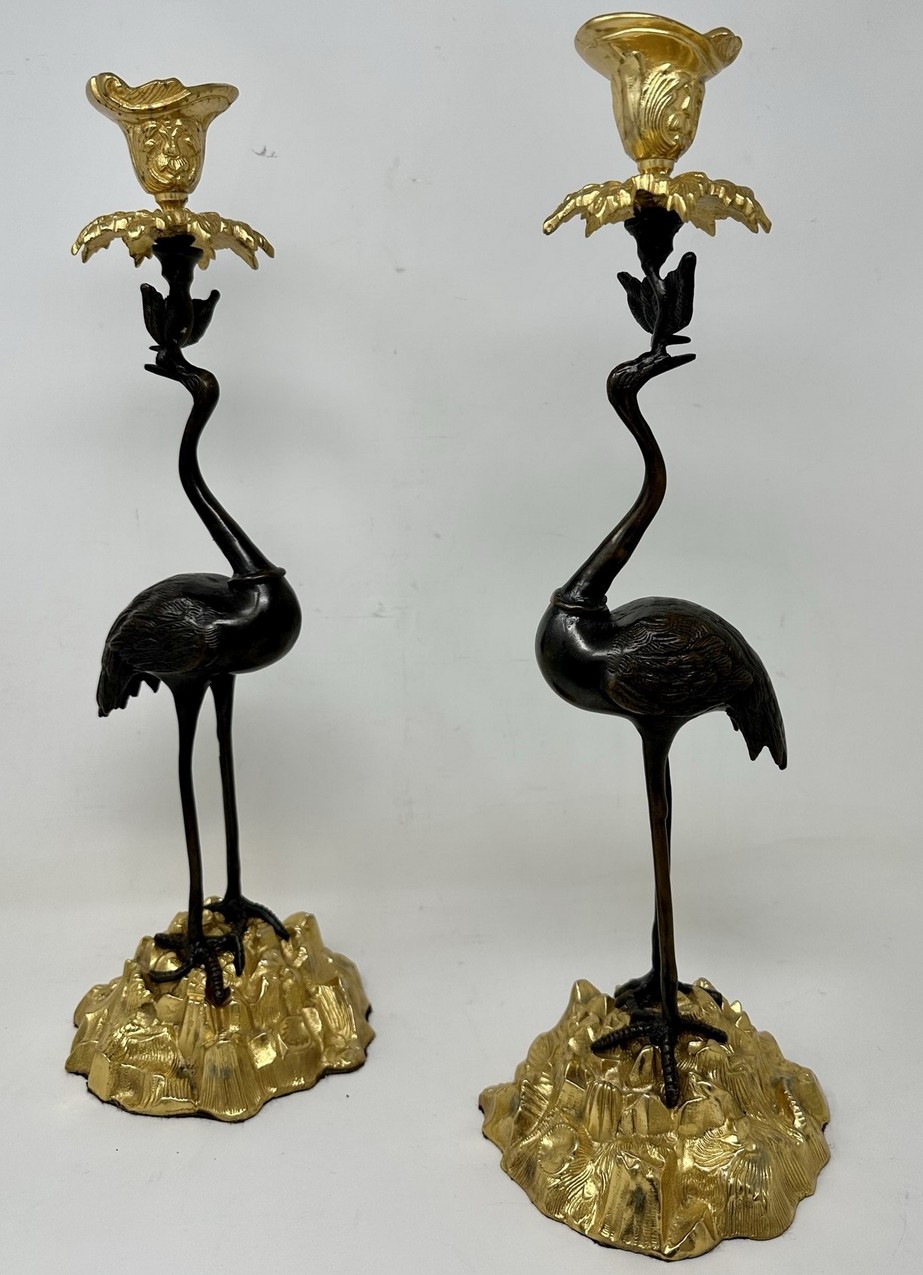 249 Sold Pair English Ormolu Gilt Bronze Candlesticks Storks Cranes Attributed to Abbott