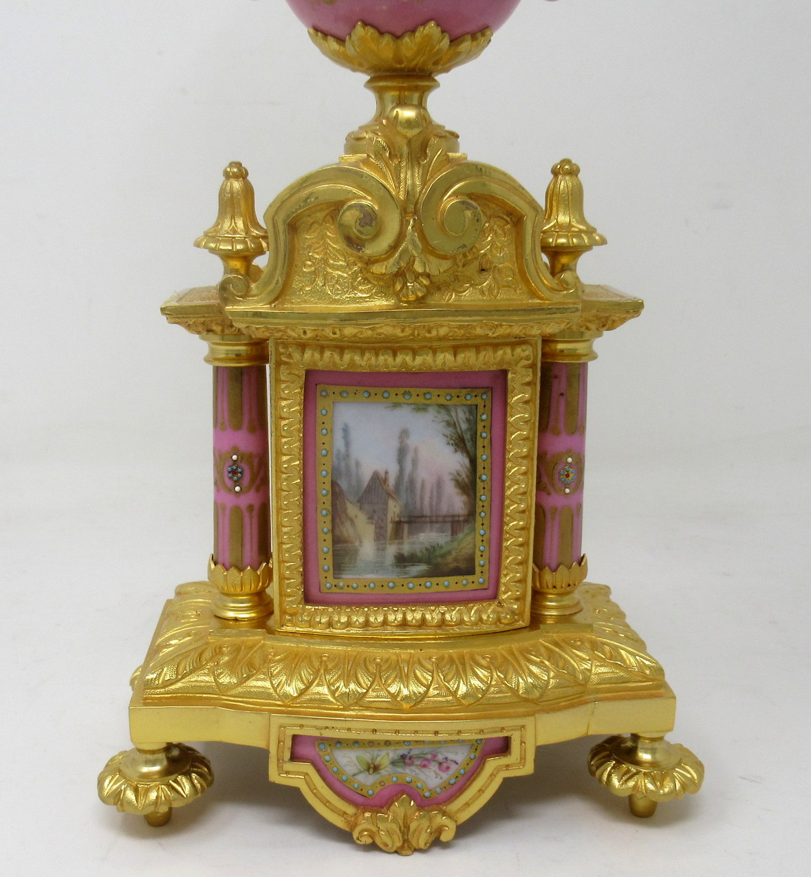 195 Sold Antique Pair of Sèvres Porcelain Watteau Scene Gilt Bronze Landscape Urns Vases - Image 7