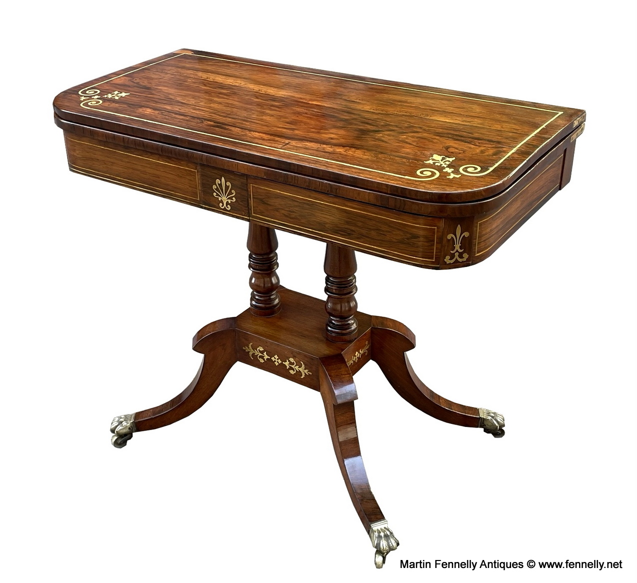339 Sold Regency Rosewood Brass Inlaid Fold Over Card Table early 19th Ct