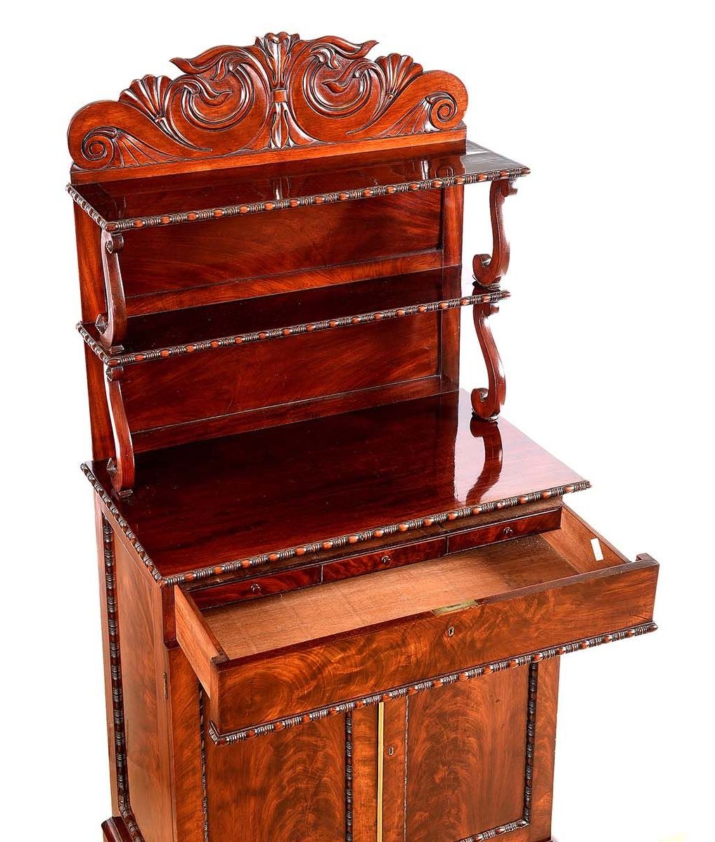 655 Flame Mahogany Twin Door English Carved Chiffonier Sidecabinet Late Regency - Image 2