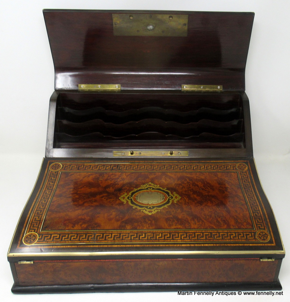 550 Sold Antique Victorian Brass Burl Walnut Traveling Desk Wooden Writing Slope Box 19Ct - Image 6