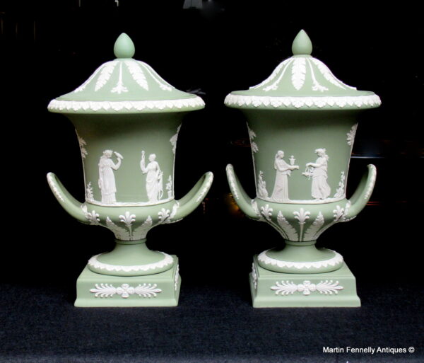 475 Sold Superb Pair of Jasperwear Wedgewood Lidded Campana Urns - English