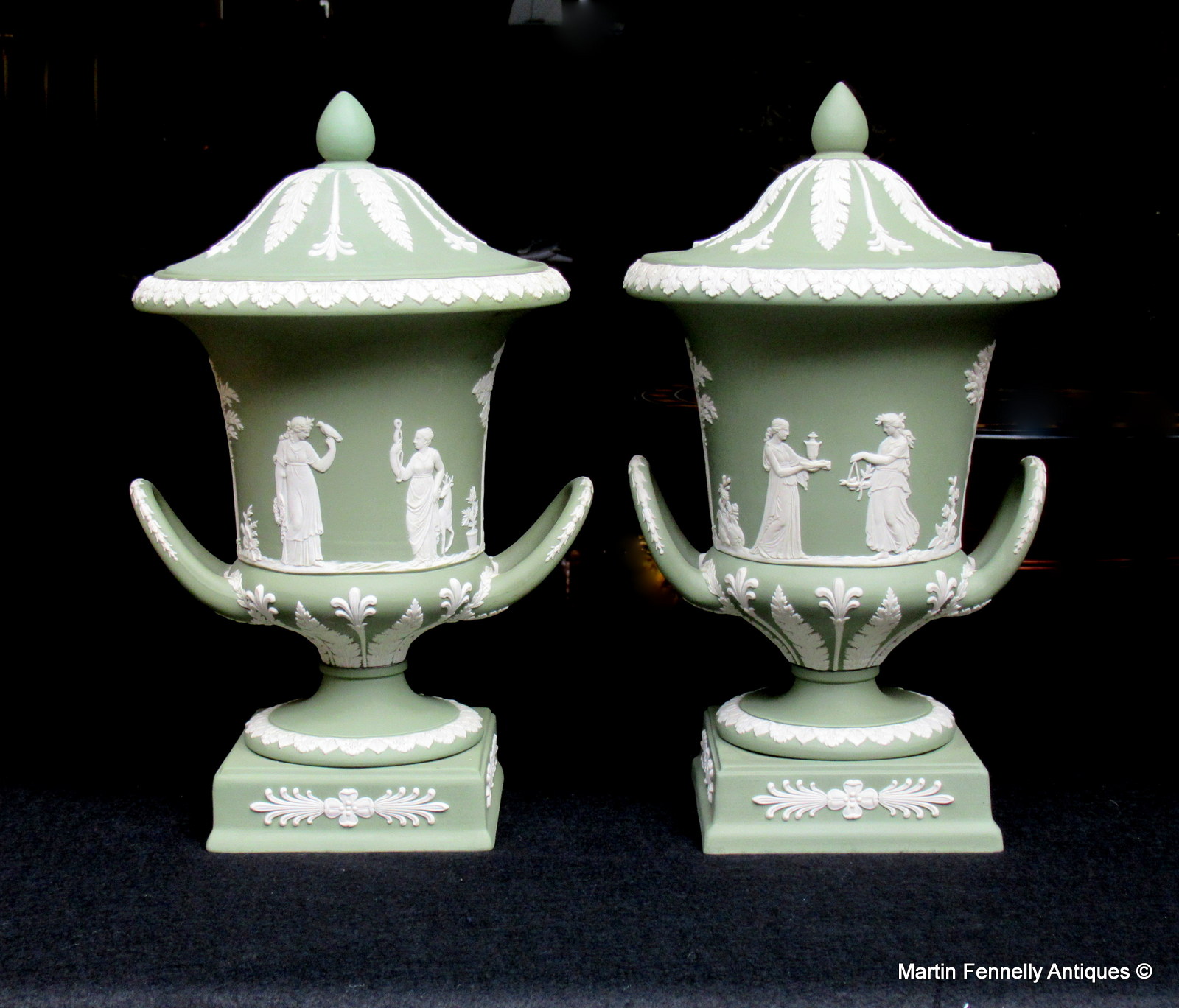 475 Sold Superb Pair of Jasperwear Wedgewood Lidded Campana Urns - English