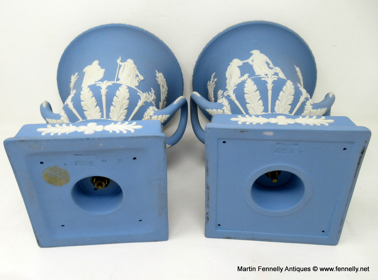 307 Antique Pair of Blue Wedgwood Jasperware Ceramic Urns Vases Mythological Classical Scenes - Image 7