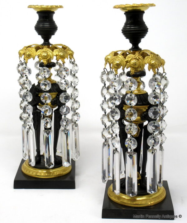 448 Sold Fine Pair English Regency Ormolu Bronze Single Light Candlesticks Lustres. Circa 1815