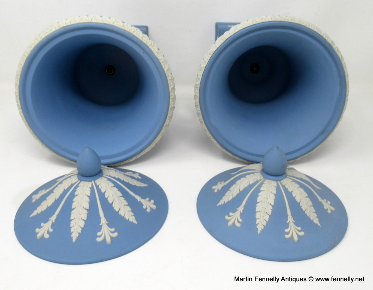 307 Antique Pair of Blue Wedgwood Jasperware Ceramic Urns Vases Mythological Classical Scenes - Image 6