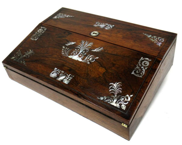 362 Sold Antique Coromandel Mahogany Mother of Pearl Victorian English Writing Slope Box
