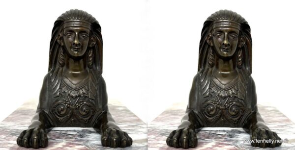 866 Sold Antique Pair Grand Tour Bronze Egyptian Sphinx Figures Breche Violet Marble 19Ct