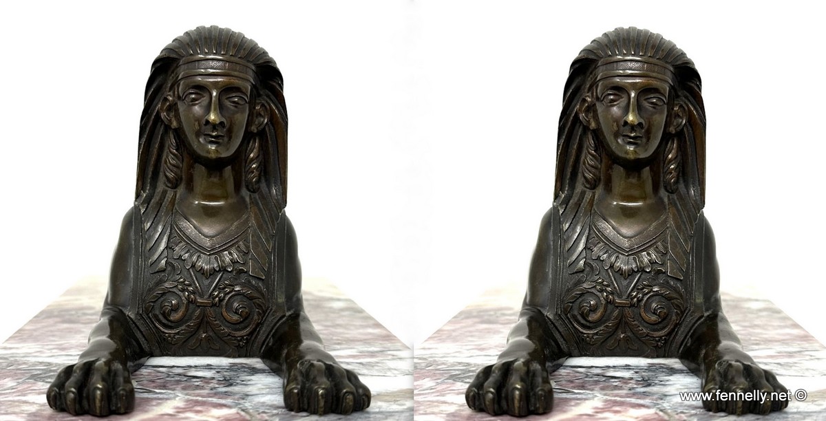 866 Sold Antique Pair Grand Tour Bronze Egyptian Sphinx Figures Breche Violet Marble 19Ct