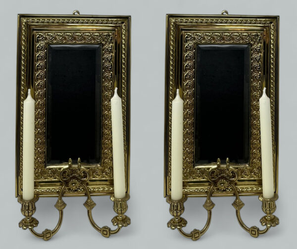841 Sold Antique Pair French Brass Girandole Wall Applique Sconces Mirrors Candlesticks