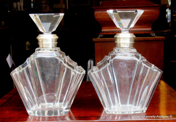 311 Sold Pair of Art Deco Crystal Decanters 1938 - Birmingham Silver Collars