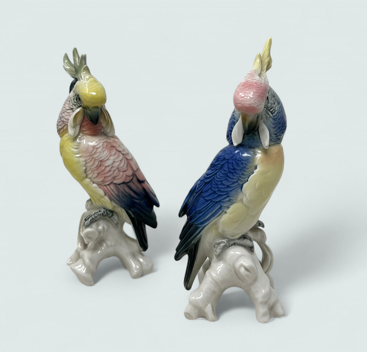 435 Pair Antique German Porcelain Birds Parakeets - Cockatoo Karl Ens