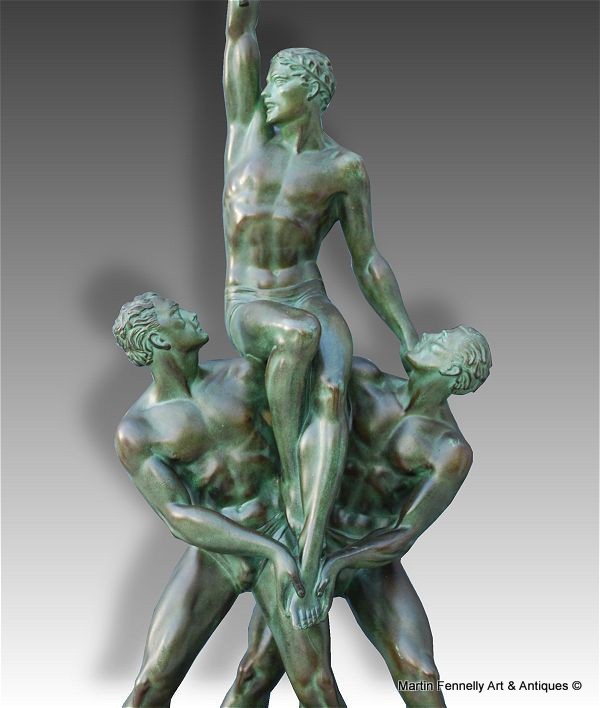 128 Sold Pierre Le Faguays 'Tropheé' a green patinated bronze figural Group, circa 1925 - Image 3