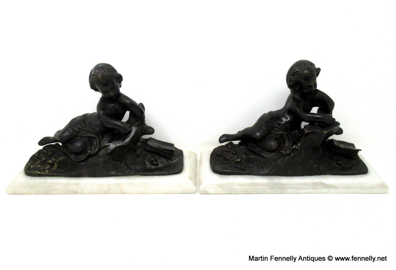 783 Antique Pair French Grand Tour Bronze Marble Cherubs Figures Putti Bookends - Image 9