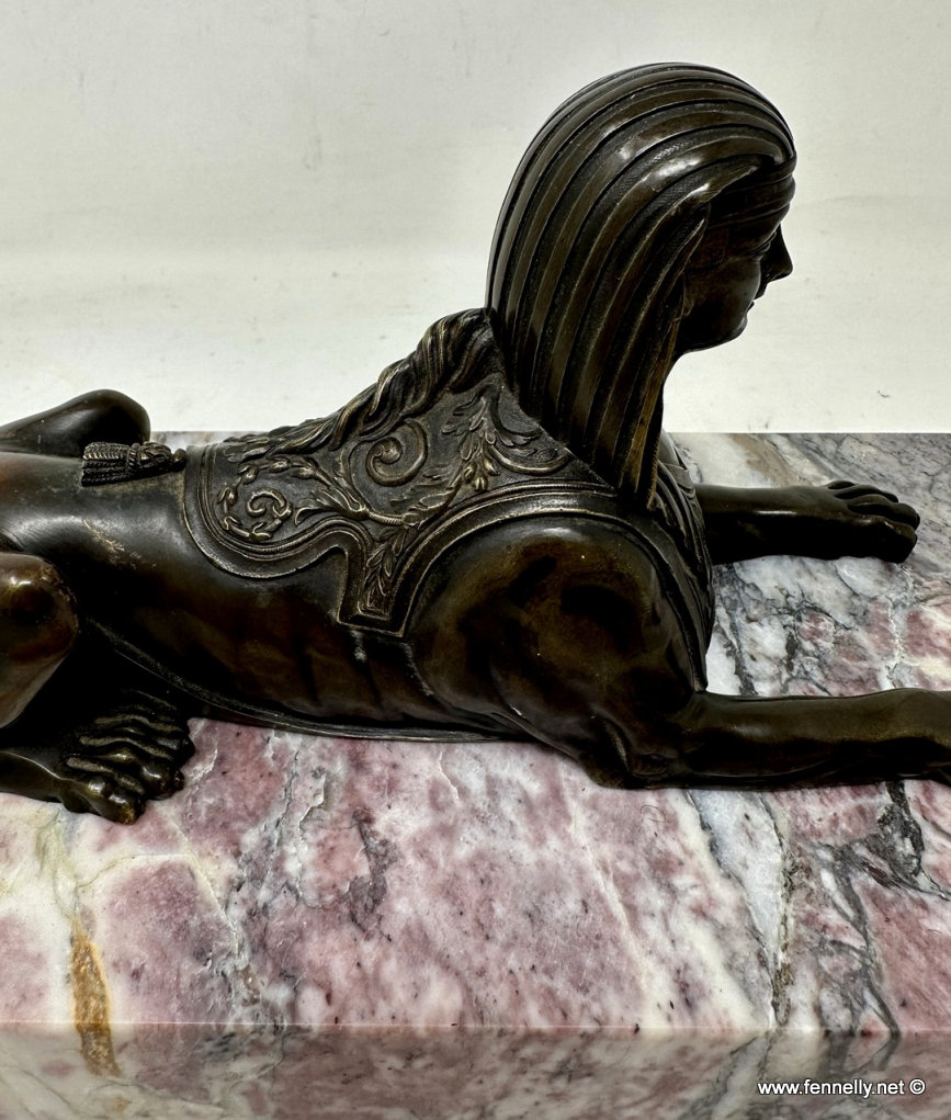 866 Sold Antique Pair Grand Tour Bronze Egyptian Sphinx Figures Breche Violet Marble 19Ct - Image 4