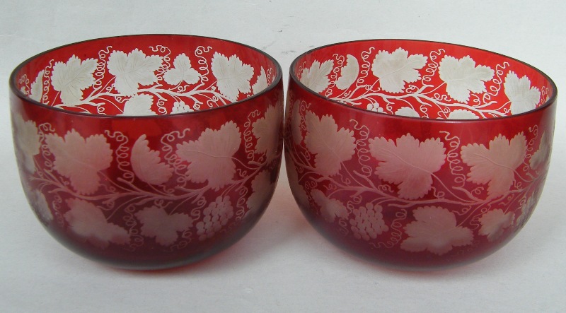 085 Set Nine Bohemian Ruby Etched Finger Bowls 19th Ct - Image 4