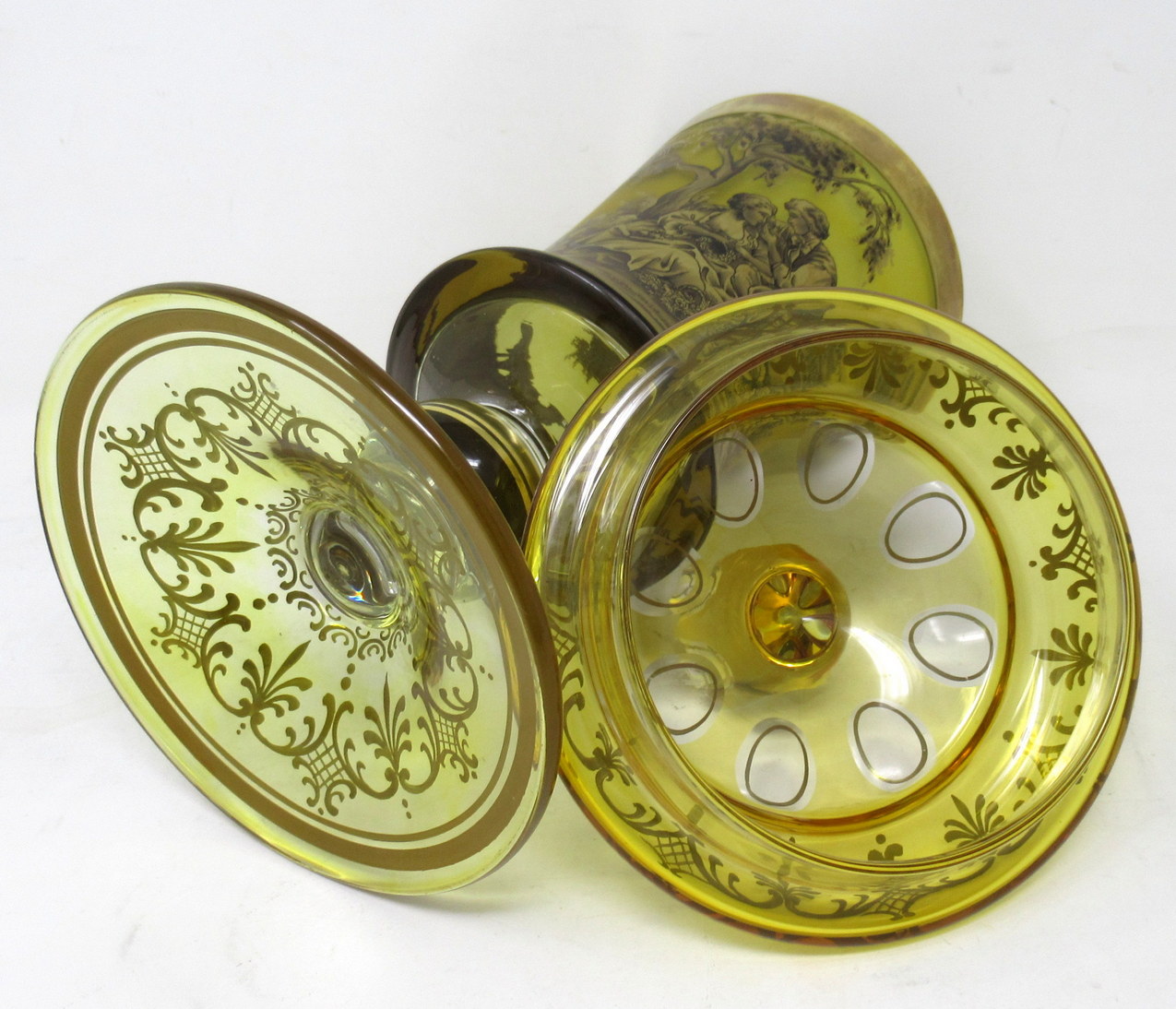 667 Sold Antique Vintage Bohemian Amber Engraved Glass Goblet Urn Vase Landscape Scene - Image 8