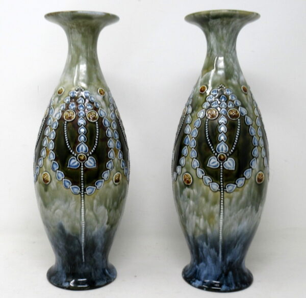346 Antique Pair English Porcelain Royal Doulton Ceramic Art Nouveau Vases Urns