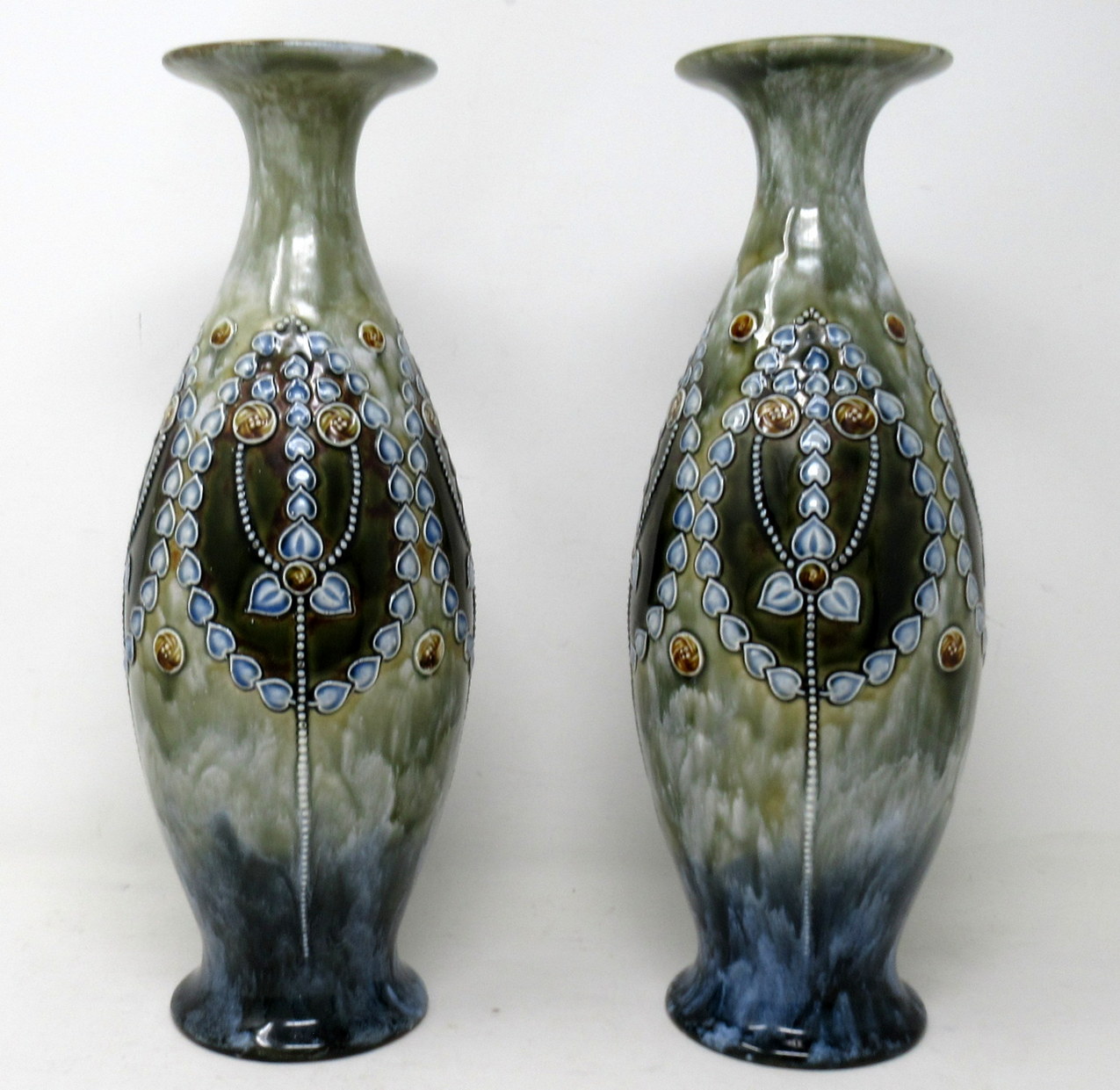 346 Antique Pair English Porcelain Royal Doulton Ceramic Art Nouveau Vases Urns