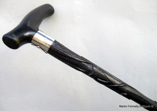 636 Sold Fine Hand Carved Irish Bog Oak Walking Stick Silver Collar Hallmark 1900