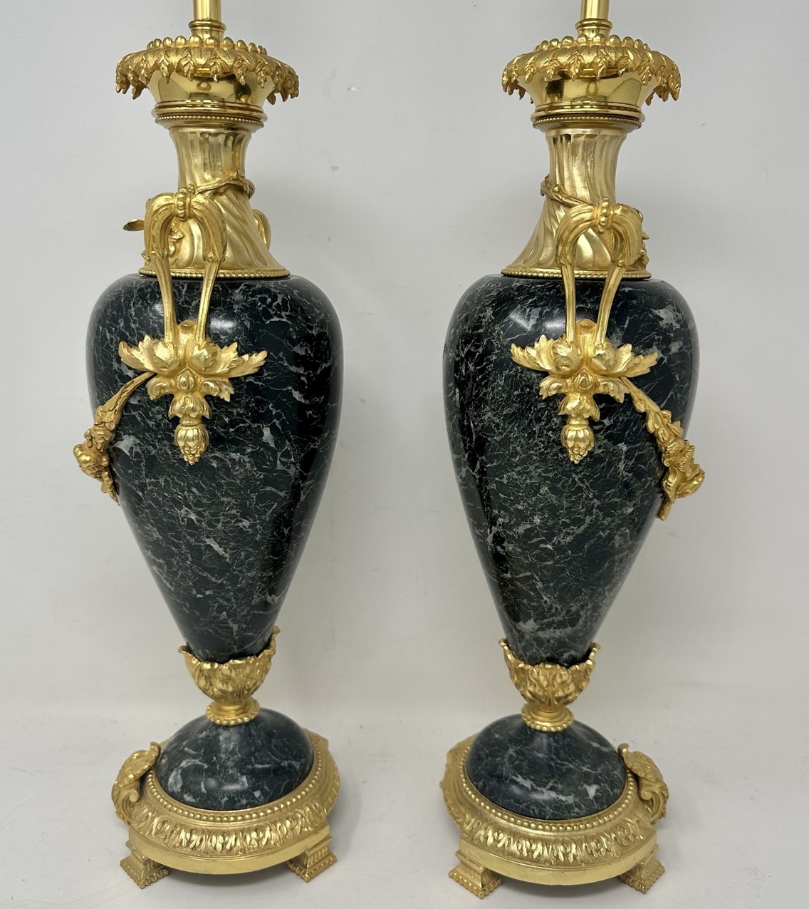 528 Sold Antique Pair French Green Verde Marble Ormolu Dore Bronze Electric Table Lamps - Image 3