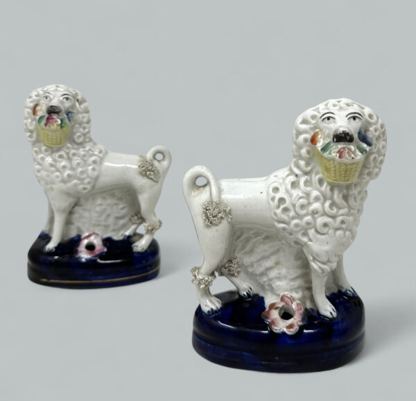 637 Pair Antique Staffordshire Porcelain Poodles Dogs Quill Pen Holders 19th Century