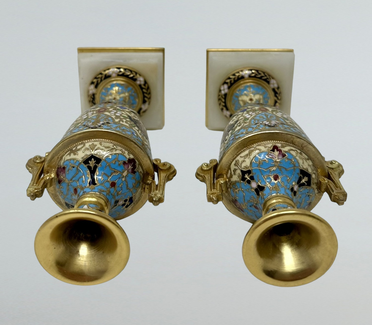022 Sold Antique Pair French Cloisonne Champlevé Alabaster Ormolu Gilt Bronze Vase Urns - Image 5