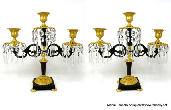 883 Sold Pair Antique Ormolu Bronze Dore Crystal Three Branch Candelabra French Lusters