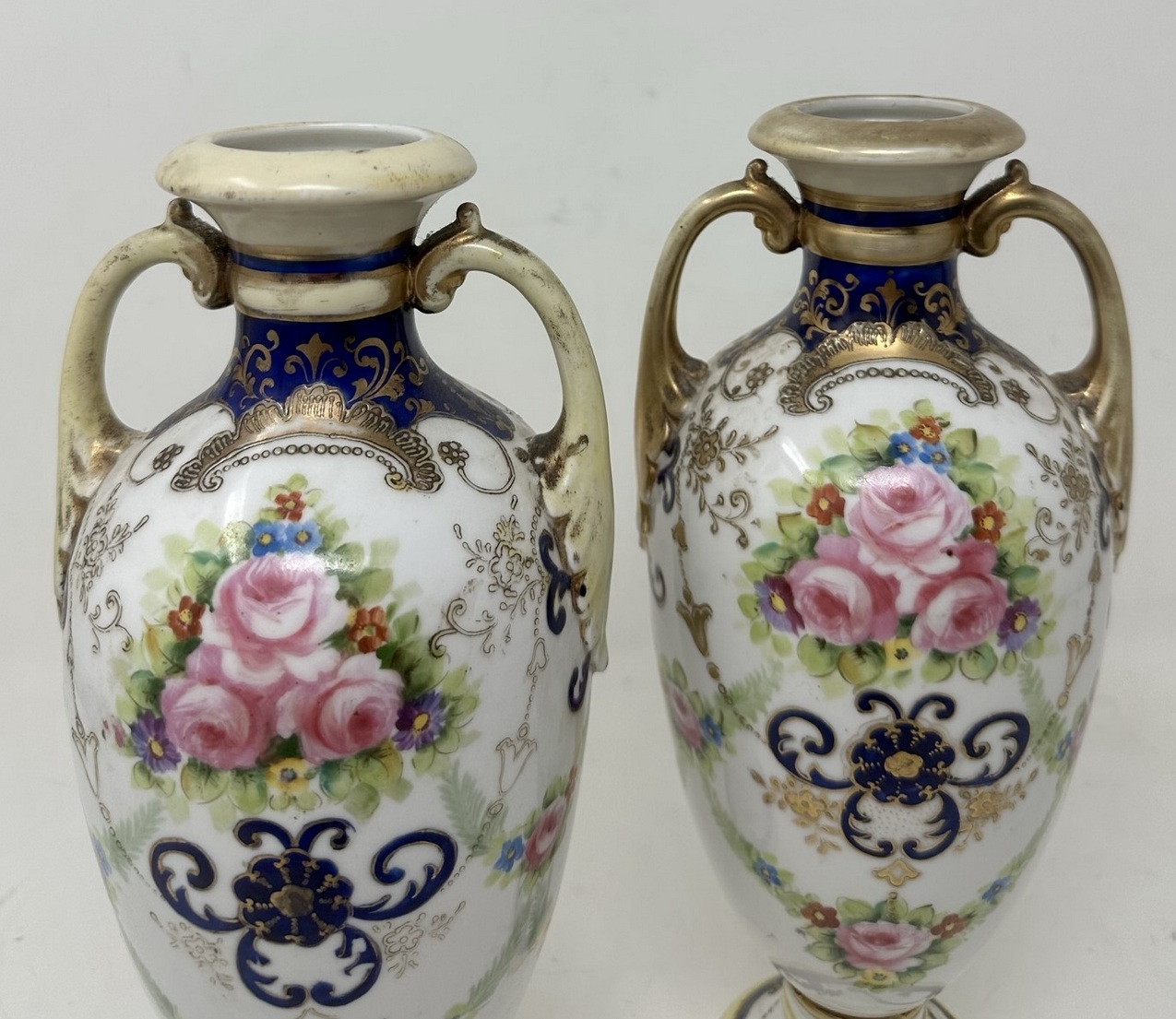 238 Antique Pair Japanese Noritake Hand Painted Vases Urns Centerpieces Pink Roses - Image 4