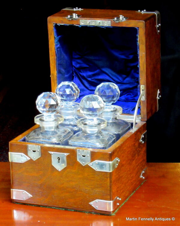 984 Sold Fine Edwardian Period Oak Four Decanter Tantalus Box Circa 1910