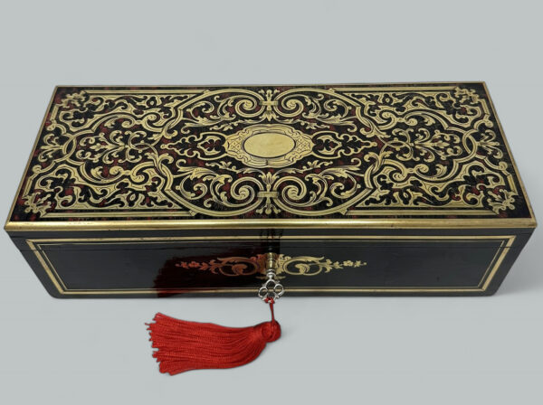 767 Sold Antique Brass Inlaid Marquetry Boulle English Jewelry or Ladys Glove Box Casket