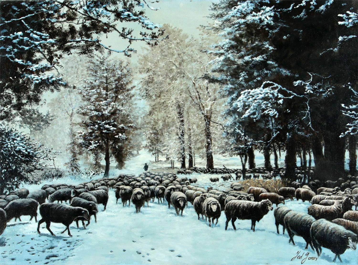 959 Ted Jones - Oil on Canvas - Driving Sheep Winter - Circa 1992