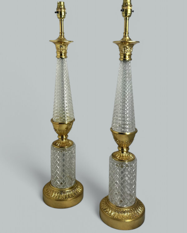 377 Sold Antique Pair French Doré Bronze Neoclassical Ormolu Gilt Baccarat Crystal Lamps