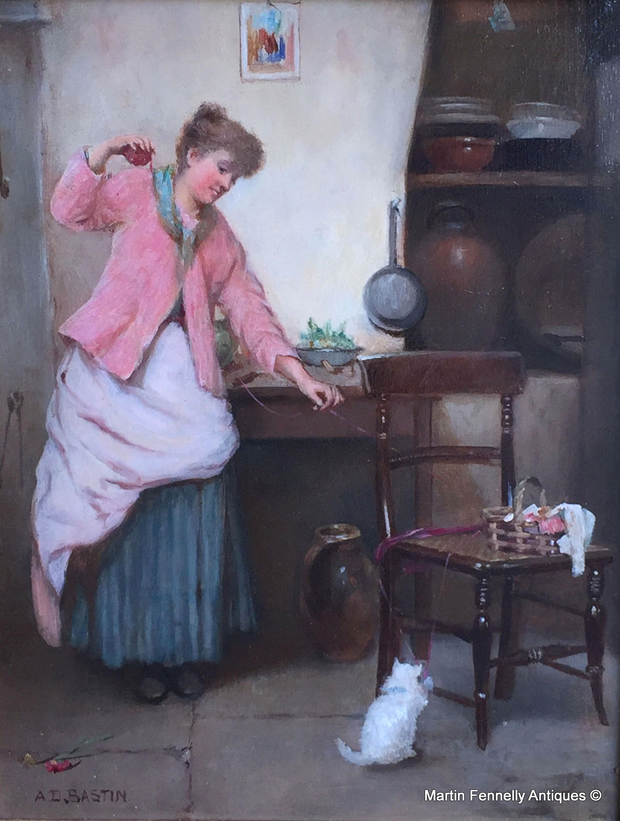 702 'A Mischievous Kitten' Oil on Board - Alfred Dickman Bastin 1849-1913