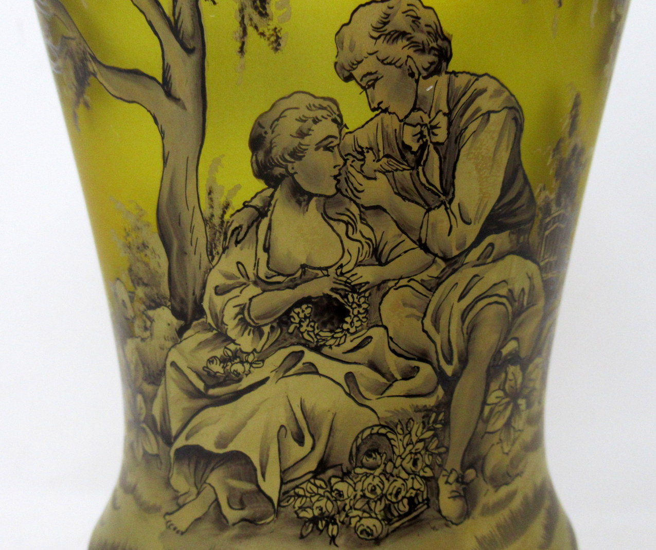667 Sold Antique Vintage Bohemian Amber Engraved Glass Goblet Urn Vase Landscape Scene - Image 3