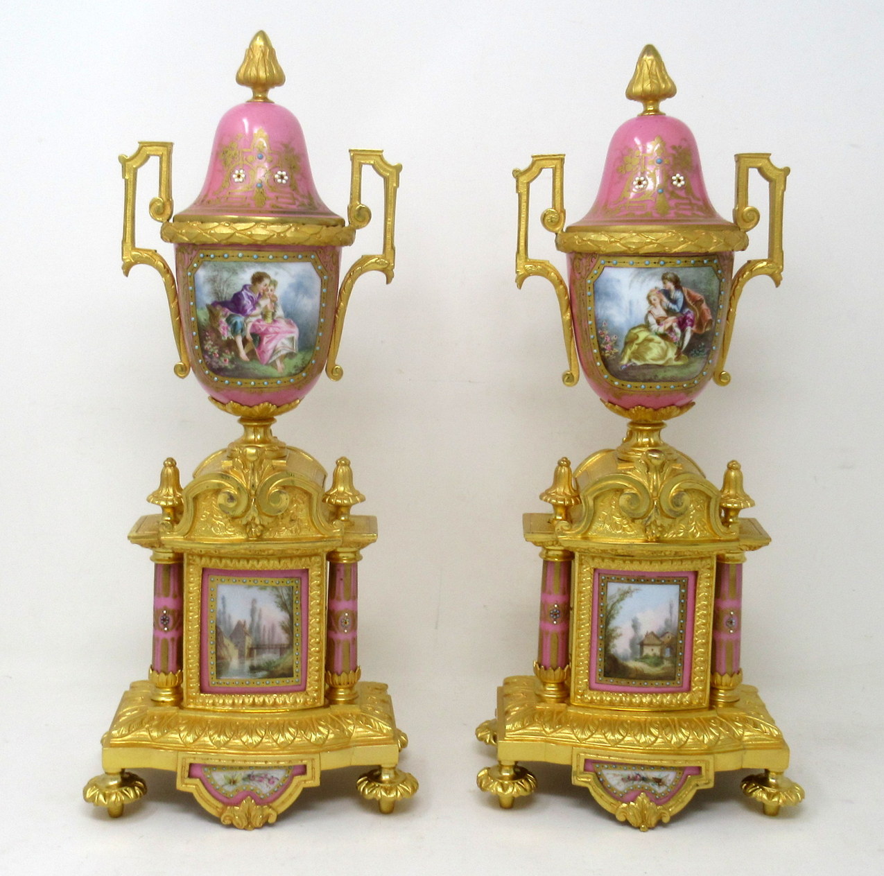 195 Sold Antique Pair of Sèvres Porcelain Watteau Scene Gilt Bronze Landscape Urns Vases - Image 3