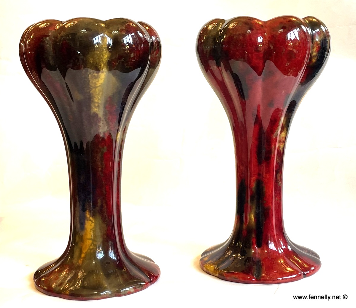 343 Sold Antique Pair English Porcelain Royal Doulton Ceramic Art Deco Flambe Vases Urns