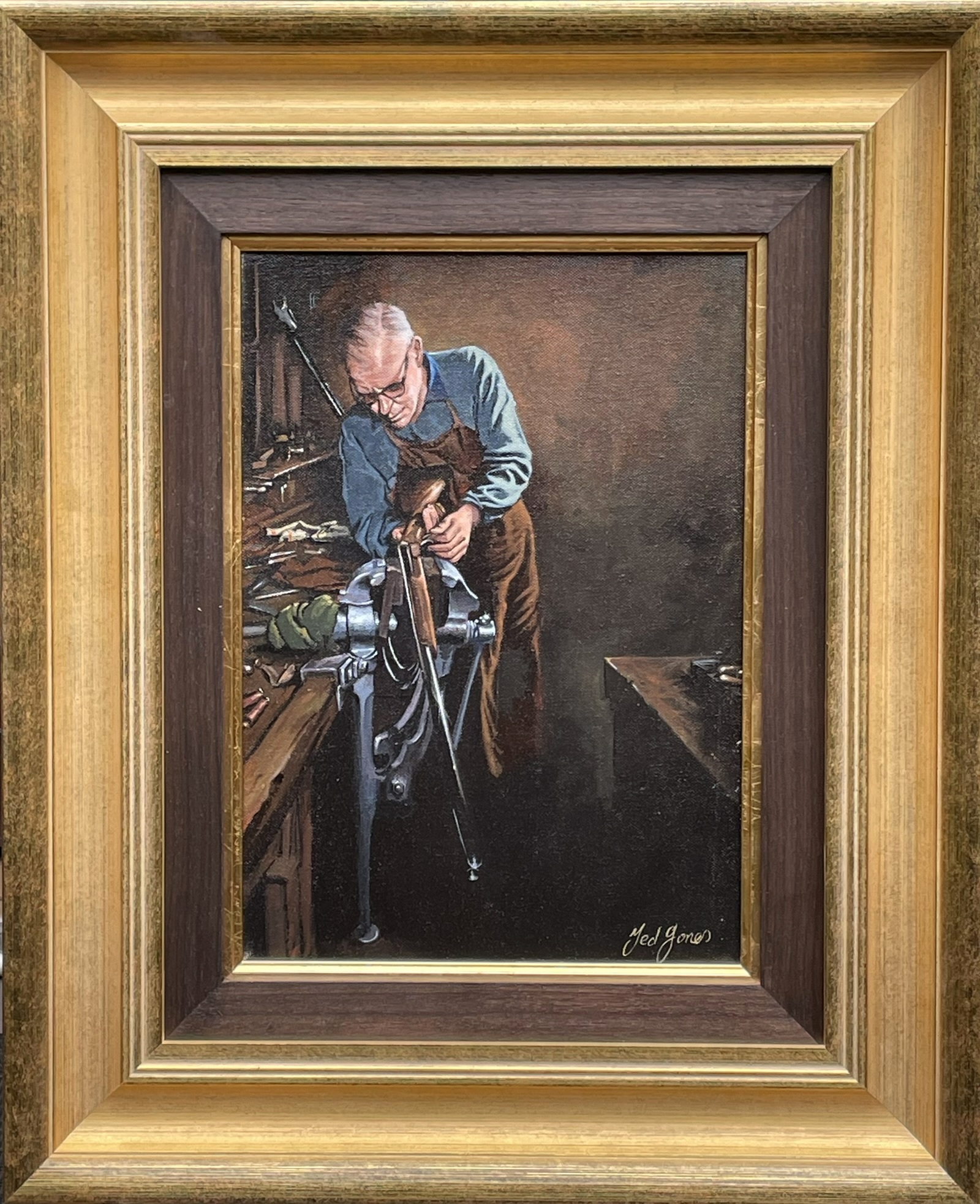 568 Sold Ted Jones - Oil on Canvas - The Gunsmith - Circa 1985 - Image 2