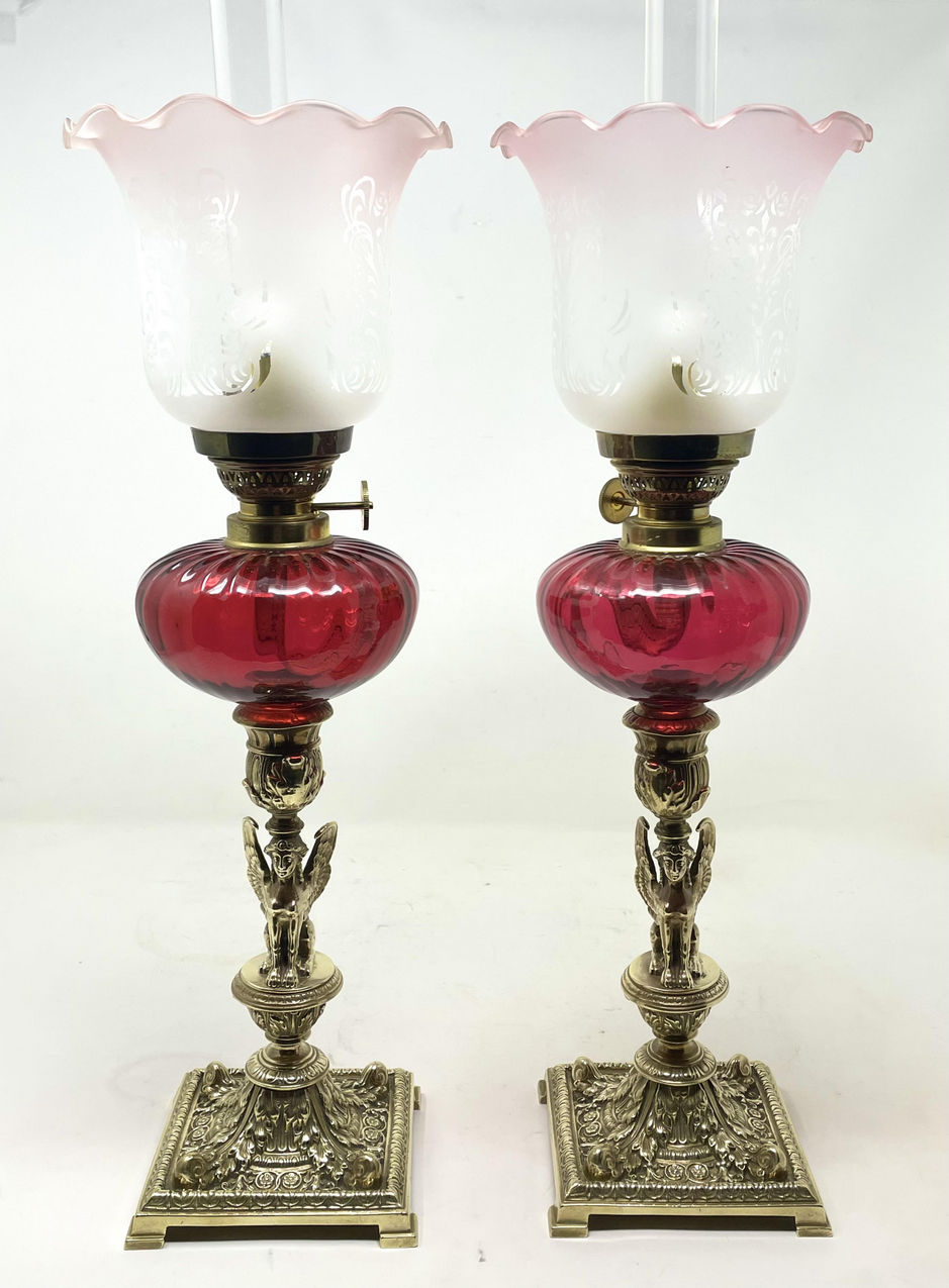 153 Sold Pair Antique Grand Tour French Brass Egyptian Sphinx Oil Lamps Cranberry Glass
