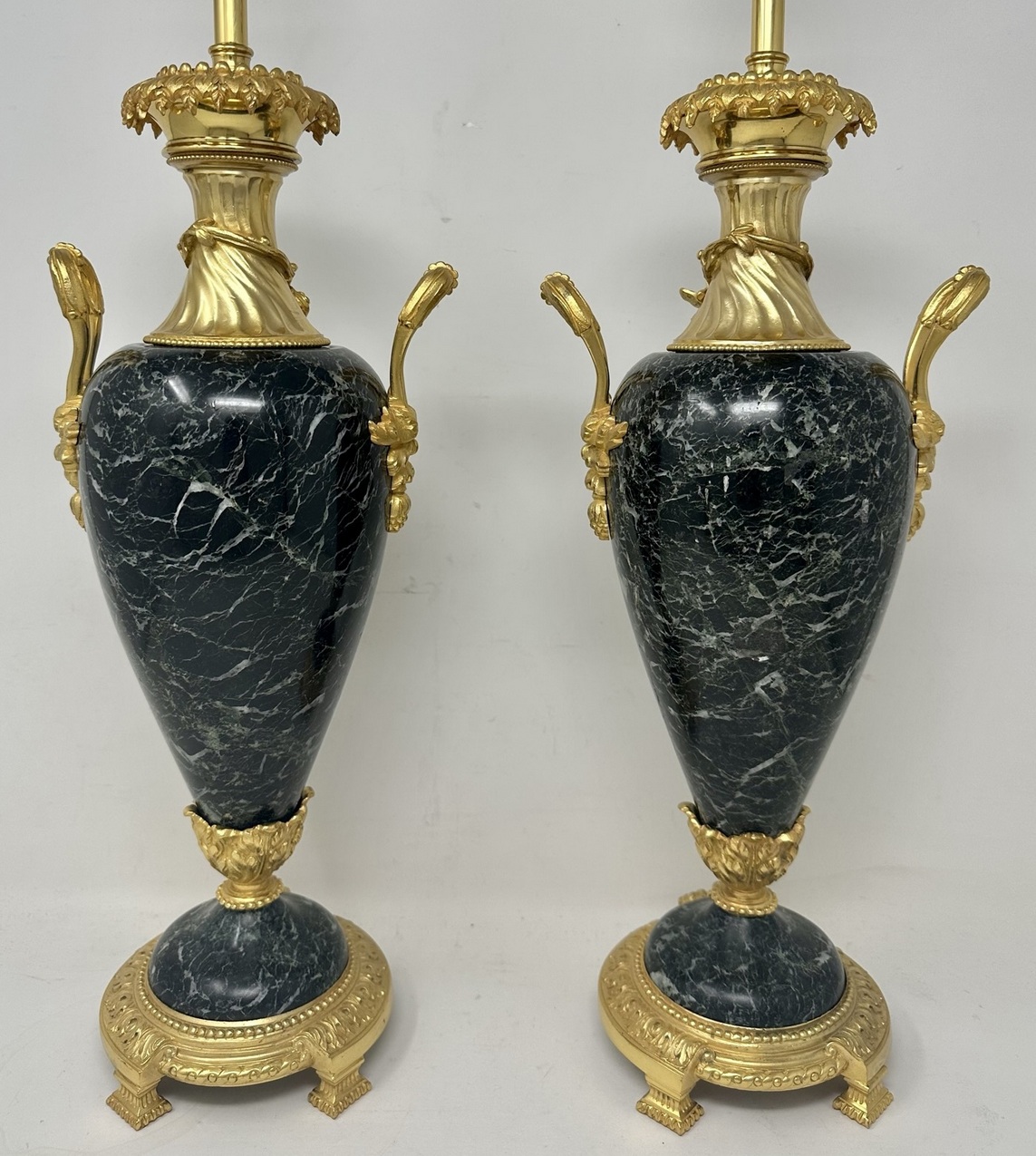 528 Sold Antique Pair French Green Verde Marble Ormolu Dore Bronze Electric Table Lamps - Image 4