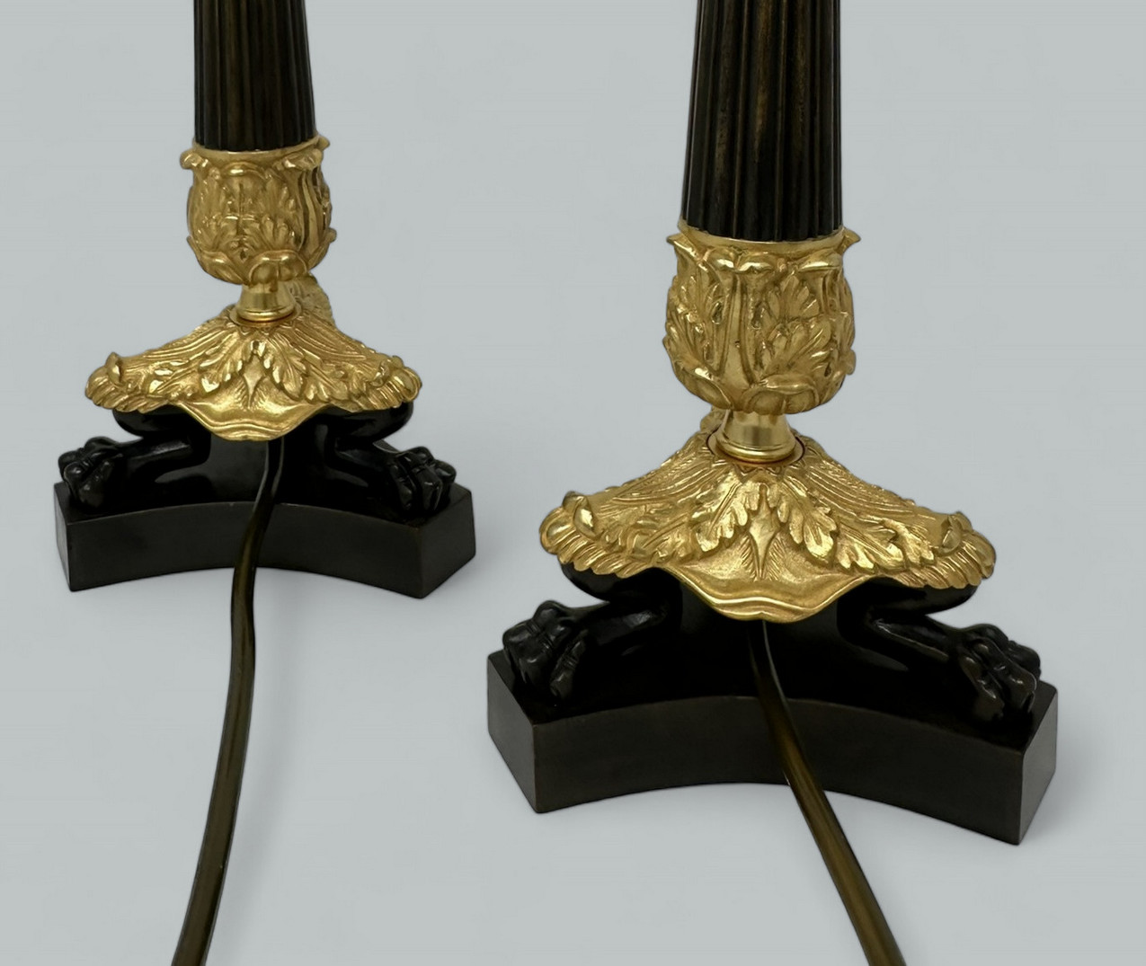 070 Sold Antique Pair French Doré Bronze Neoclassical Ormolu Gilt Candlestick Table Lamps - Image 3