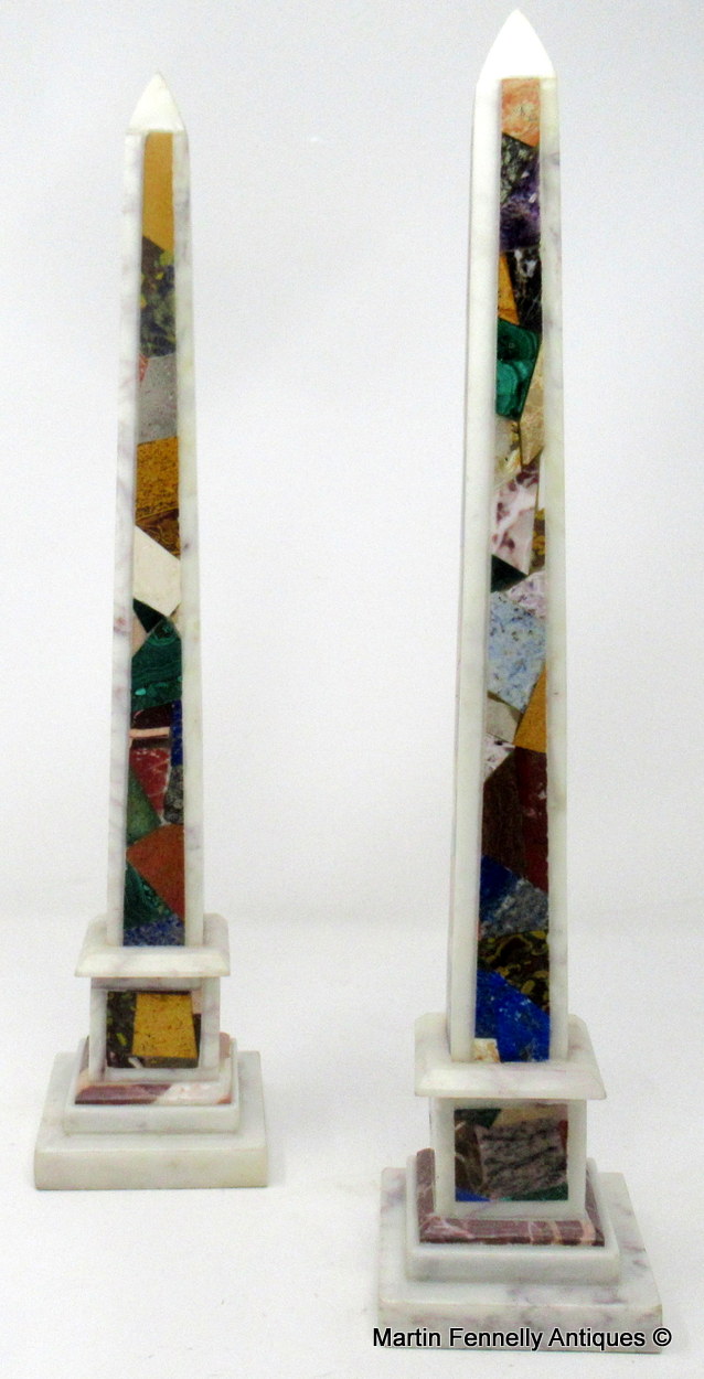 589 Sold Fine Pair Marble Obelisks inlaid Malachite Lapis Lazuli early 20thCt - Image 2