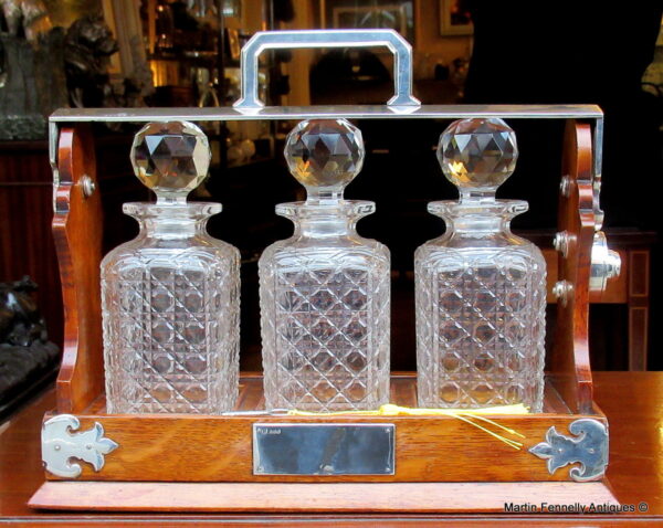 659 Sold Superb Early Victorian Hand Cut Crystal Oak Framed Tantalus 19thCt