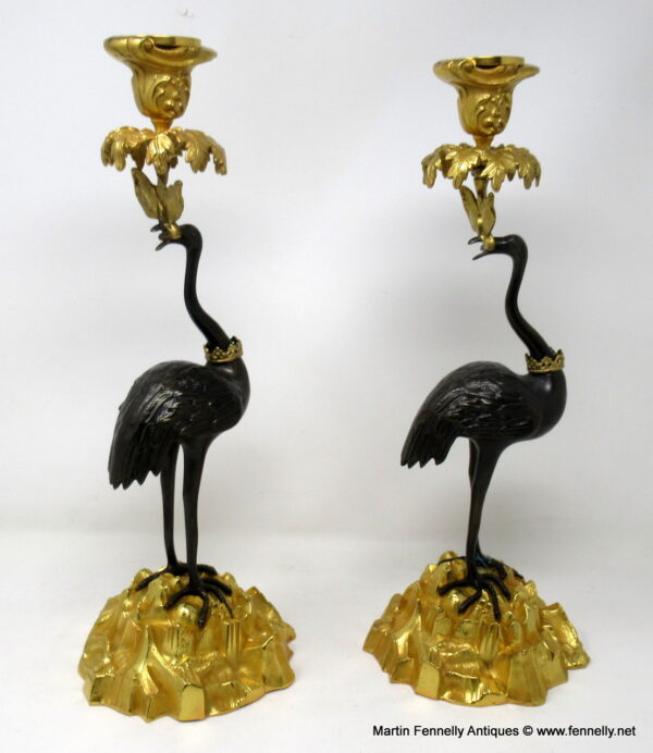 270 Sold Antique Pair English Ormolu Gilt Bronze Candlesticks Storks Cranes by Abbott