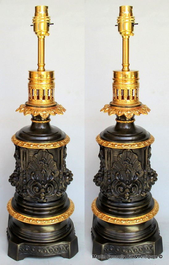 961 Sold Pair French Bronze Electric Table Lamps Ormolu Mounts 19thCt