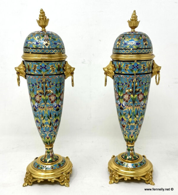 710 Sold Antique Pair French Cloisonne Champlevé Enamelwork Ormolu Gilt Bronze Vases Urns