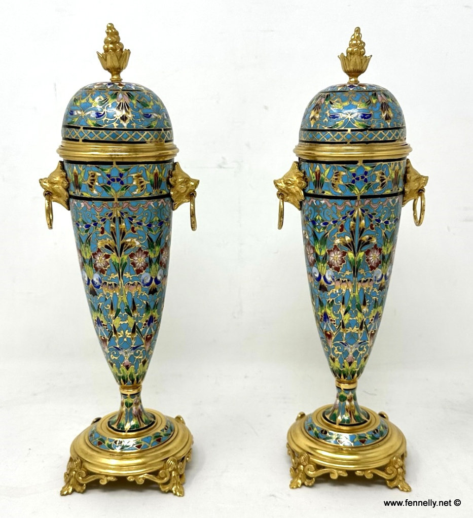 710 Sold Antique Pair French Cloisonne Champlevé Enamelwork Ormolu Gilt Bronze Vases Urns