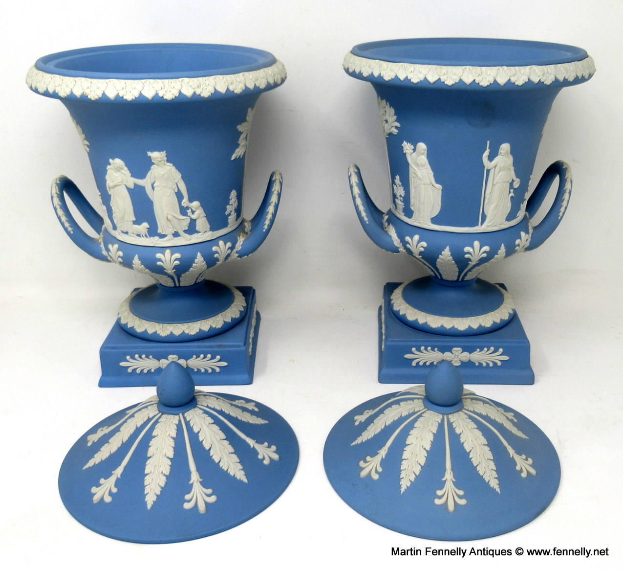 307 Antique Pair of Blue Wedgwood Jasperware Ceramic Urns Vases Mythological Classical Scenes - Image 5