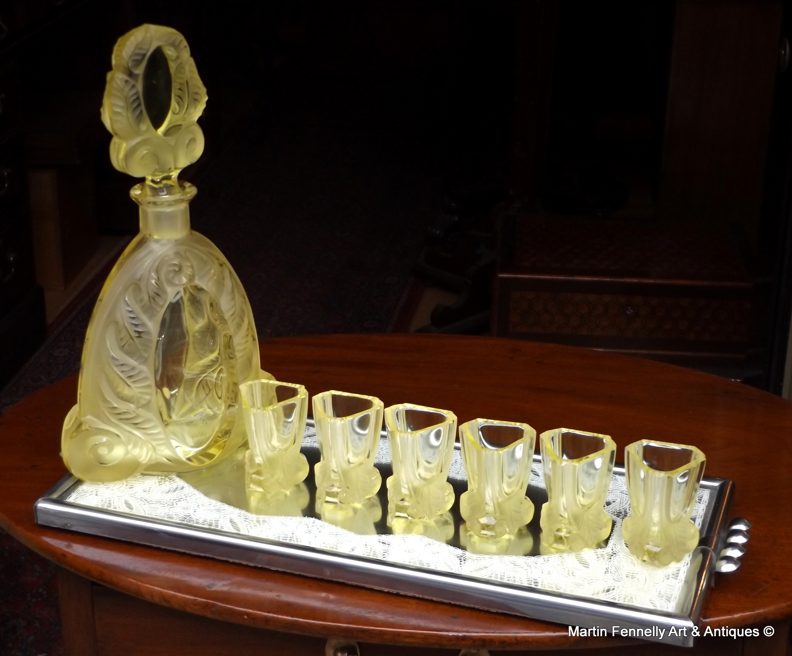 580 Sold Art Deco Decanter Set - Circa 1930 - Vaseline Crystal - Superb Design