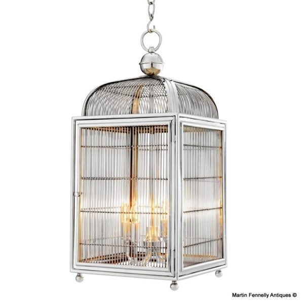M057 Sold Nickel Birdcage Themed Four Light Lantern - Mid Century-Modern
